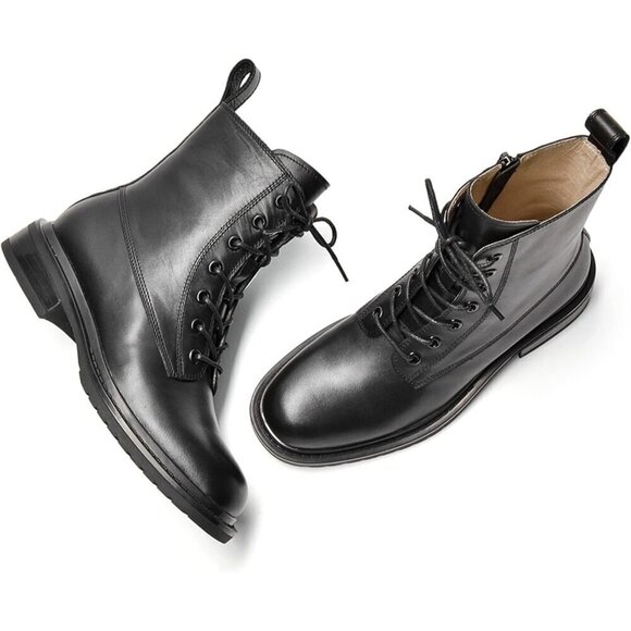 Women's Combat Boots Black Leather Side Zipper Booties For Women - Picture 6 of 6